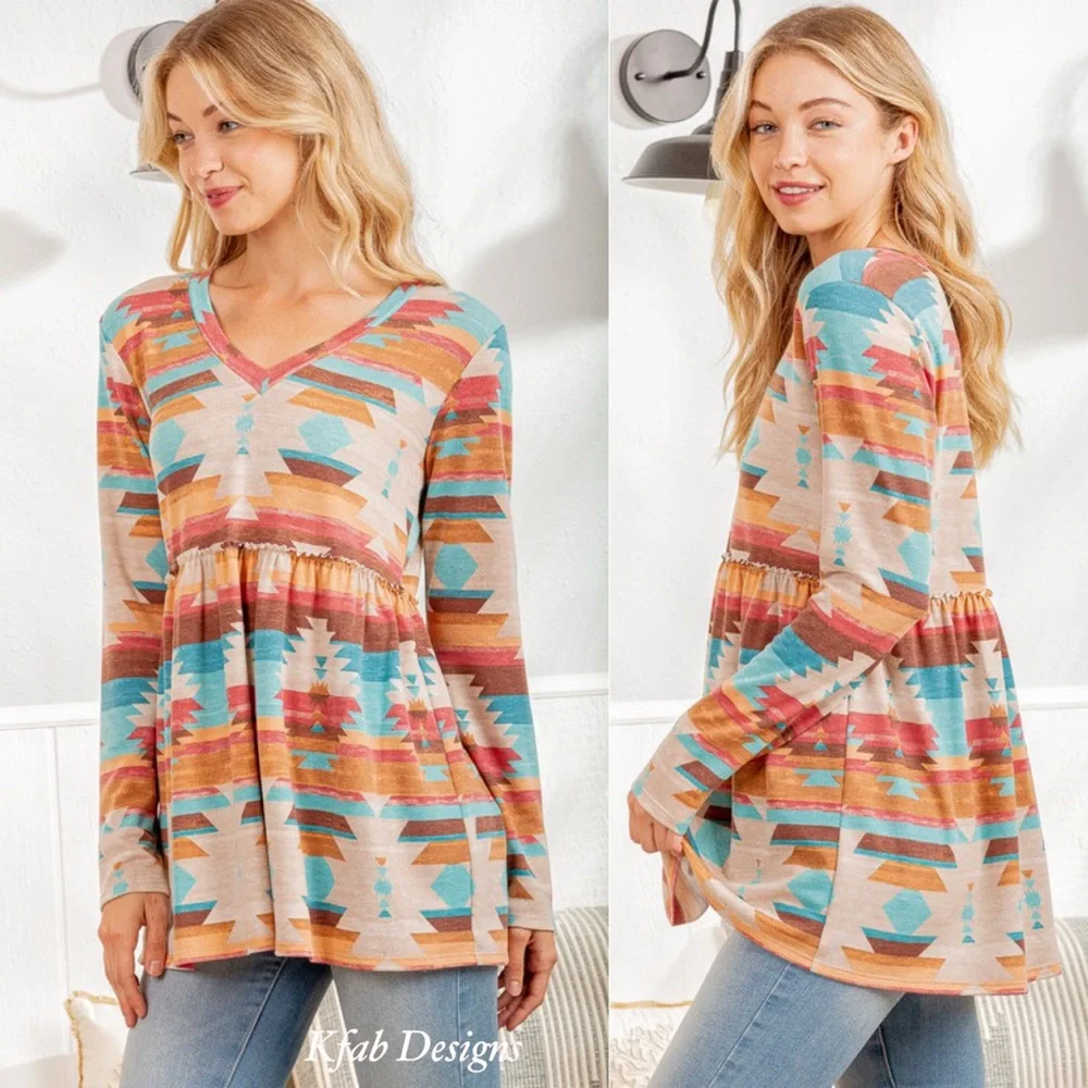 ❤️LAST 2! V Neck Ruffle Detail Aztec Print Top! - Picture 9 of 11